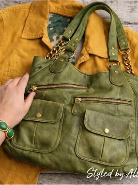 Arlo Olive Green Leather Shoulder Bag Gold Chain Strap Slouchy Hobo Luxe